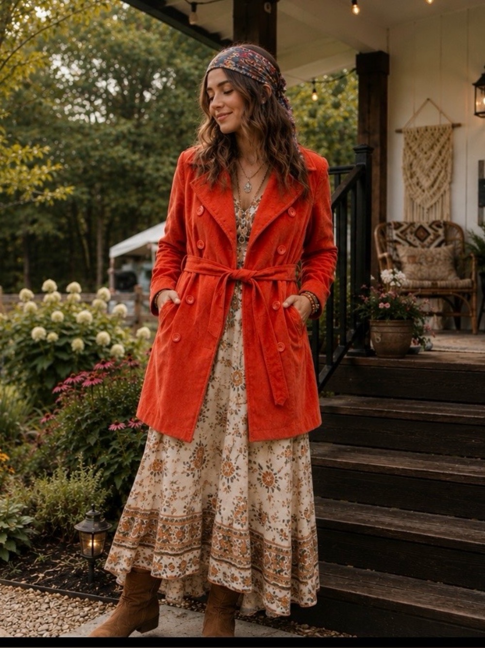 Women's Vibrant Red Double-Breasted Trench Coat with Tie Waist
